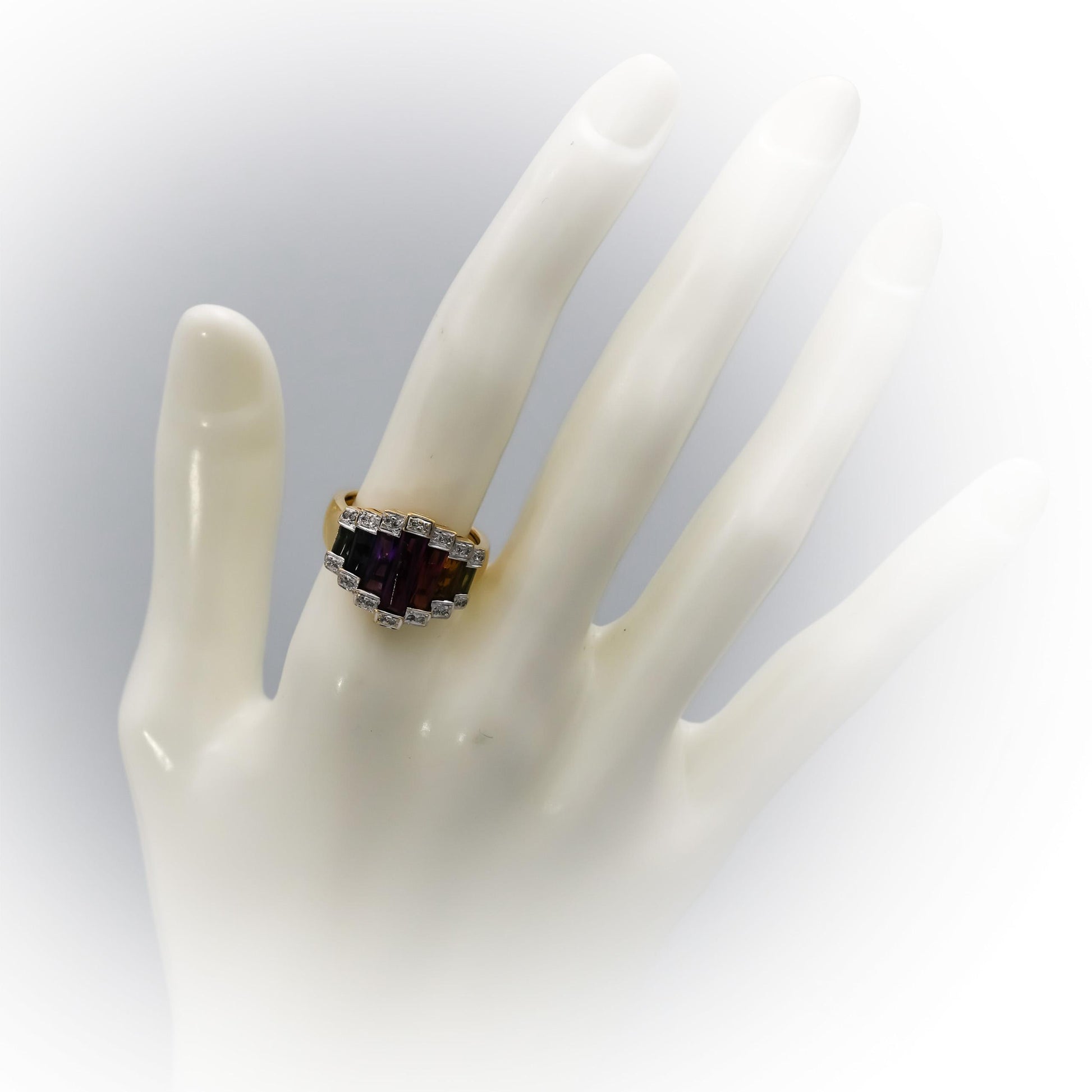 BELLARI 18k Yellow Gold Diamond and Rainbow Gemstone Cocktail Ring 0.07CT Size 7
