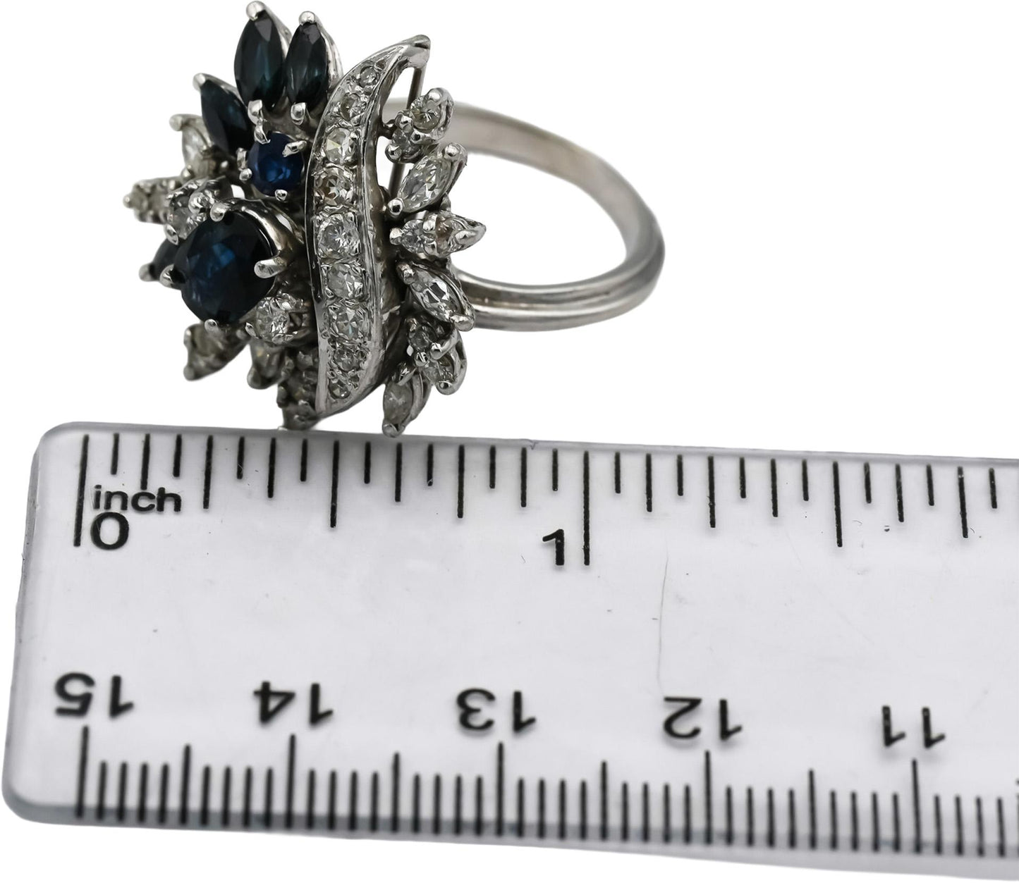 Vintage Antique 14k White Gold Diamond and Sapphire Cocktail Ring 2.0CT Size 7.5