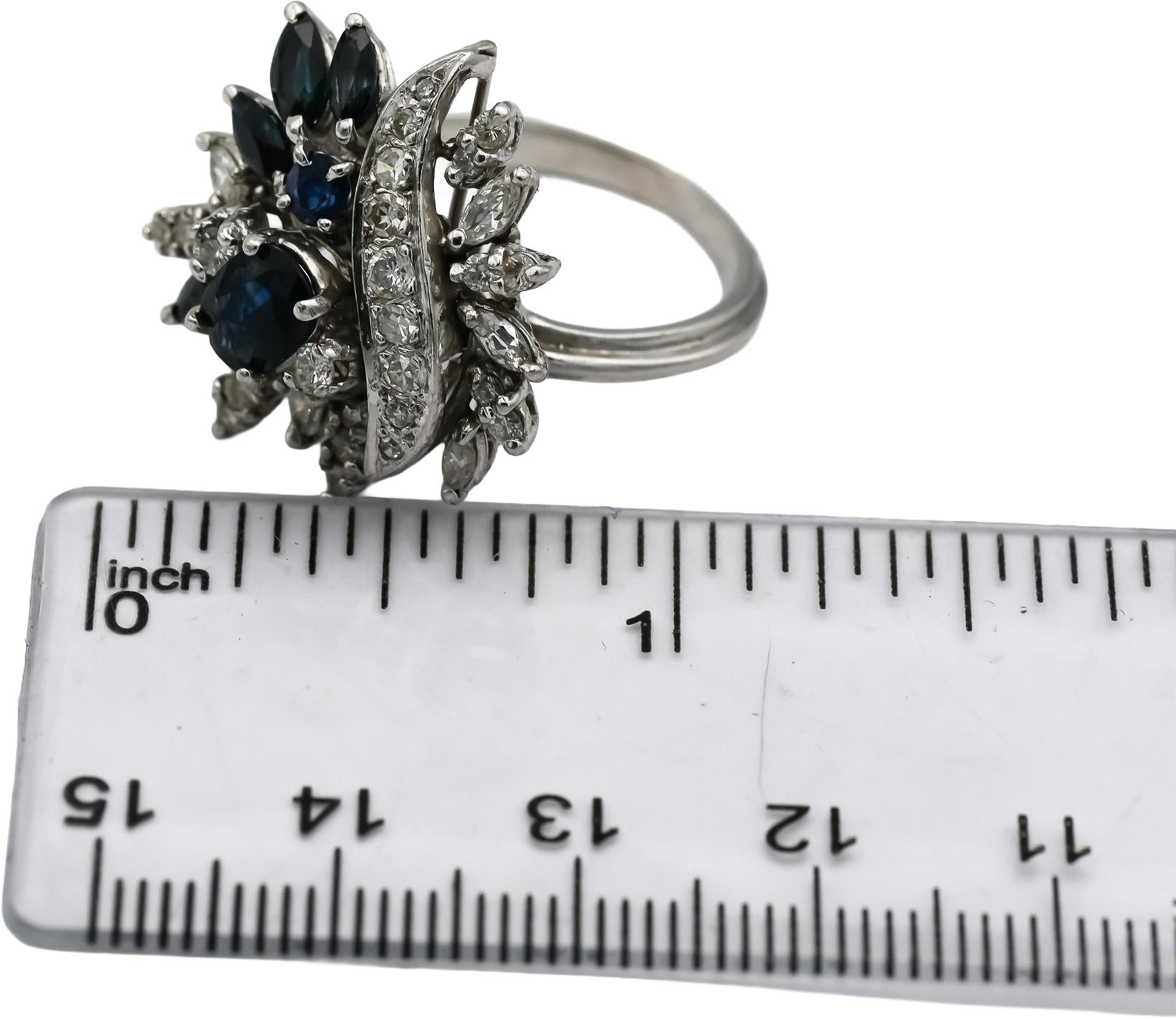 Vintage Antique 14k White Gold Diamond and Sapphire Cocktail Ring 2.0CT Size 7.5