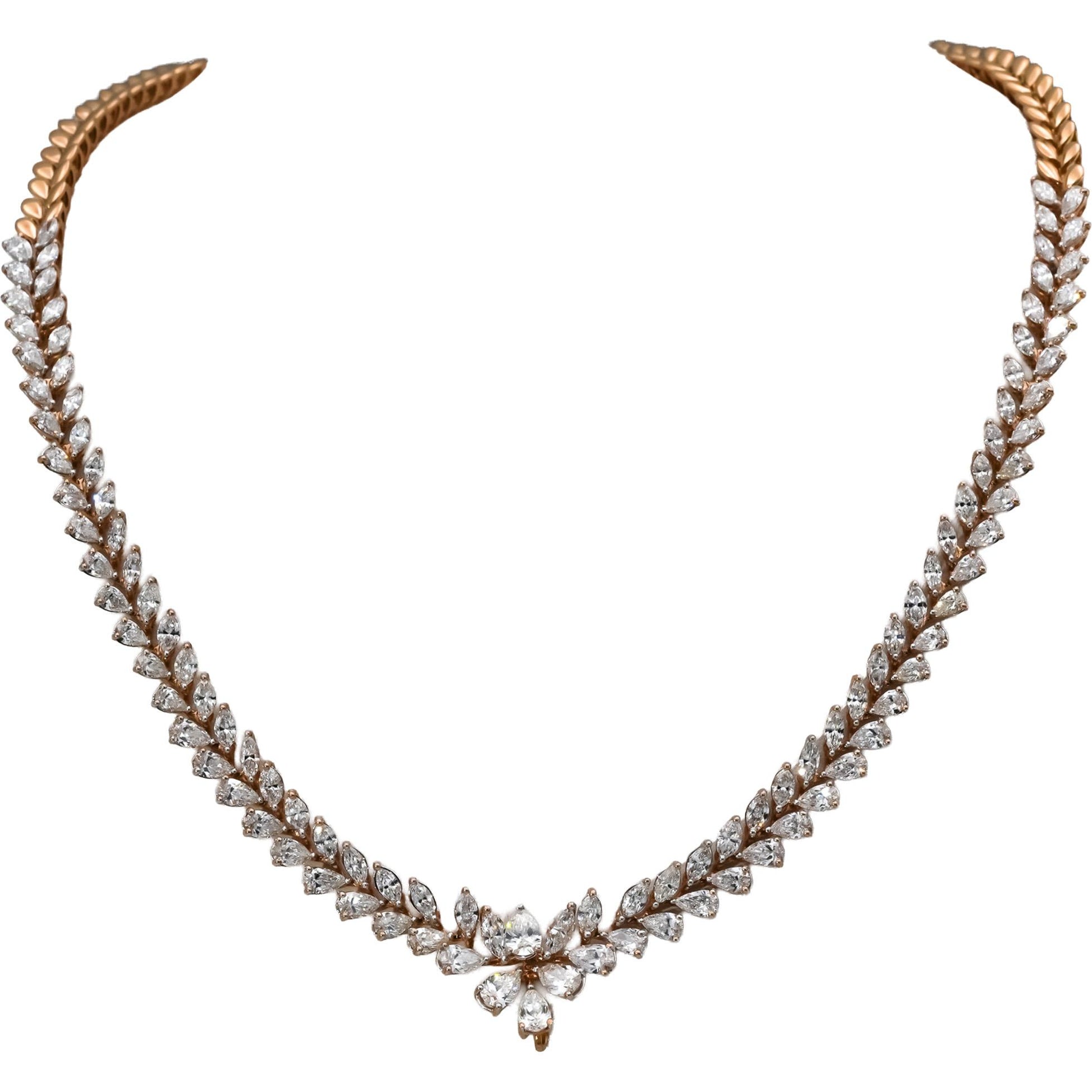 18k Rose Gold VS Marquise and Pear Cut Diamond Formal Leaf Necklace 10.35CT