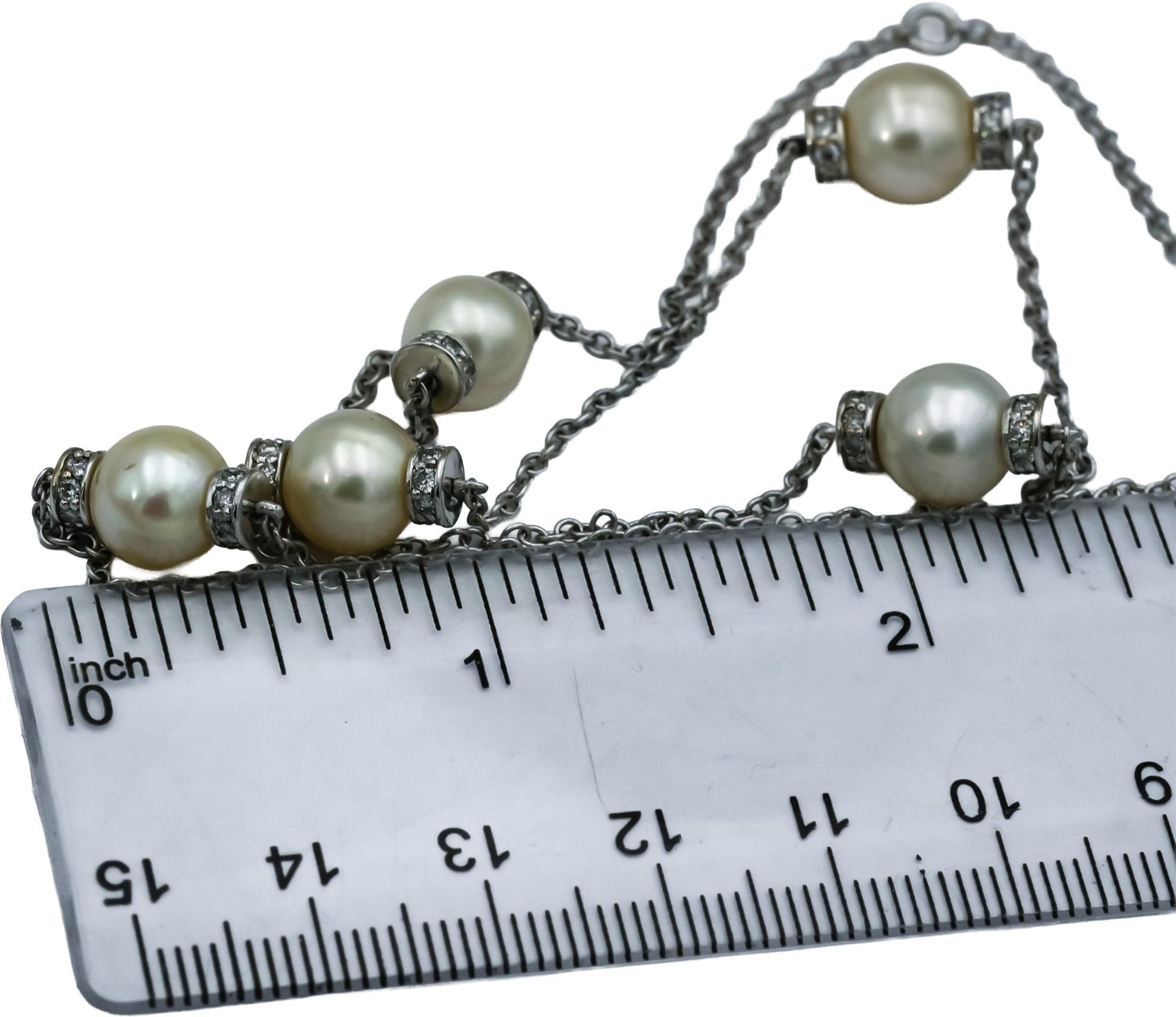 14k White Gold Round Diamond and 8mm Pearl Chain Necklace 0.80CT