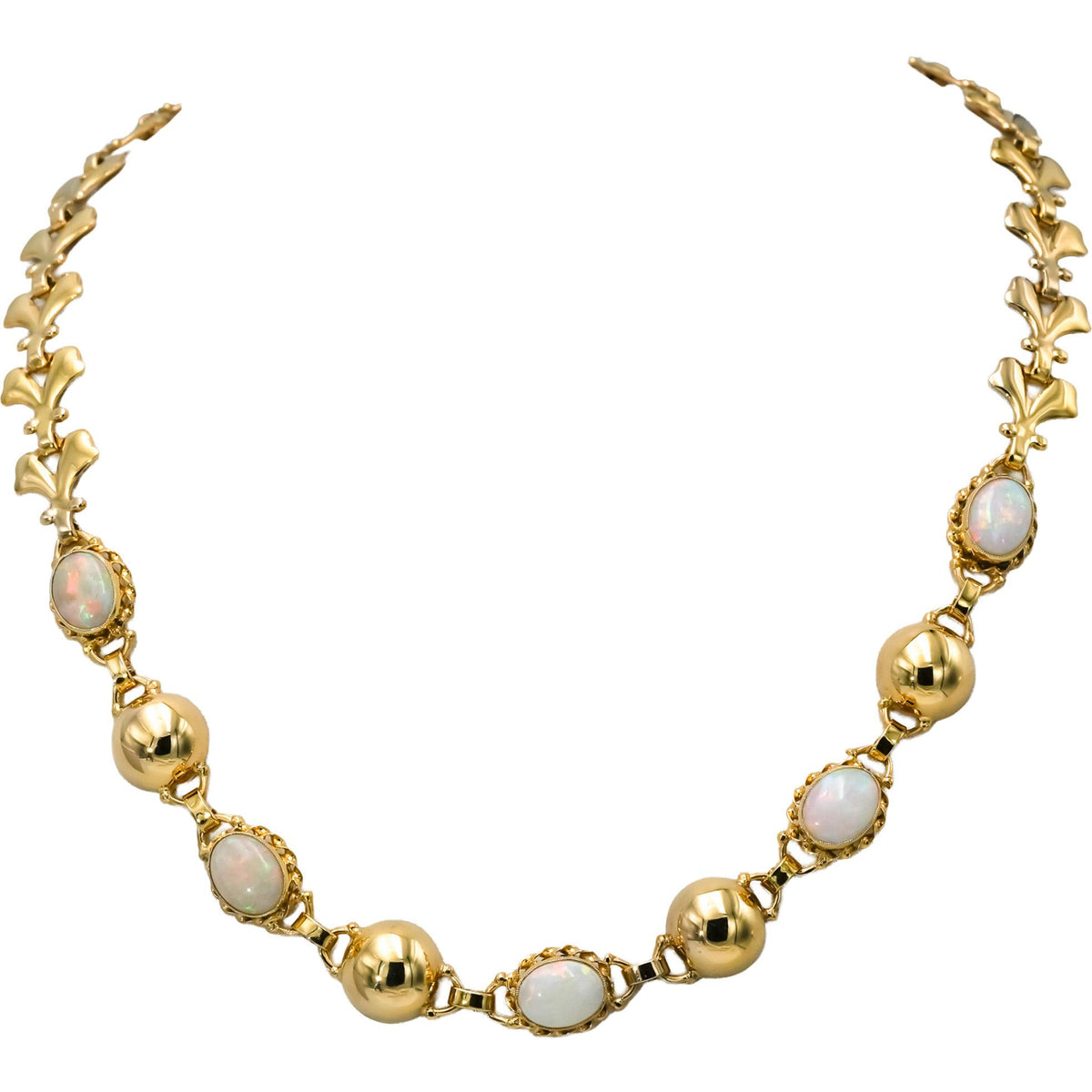 Vintage Antique 14k Yellow Gold Cabochon Opal Fancy Link Necklace 10.0CT