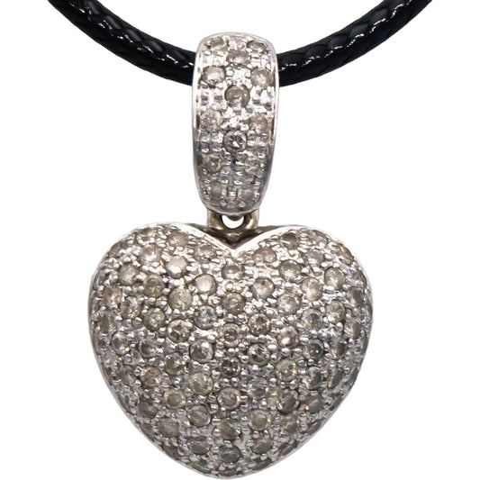 14k White Gold 1.0CT Round Cut Diamond Pave Puffy Heart Pendant Necklace