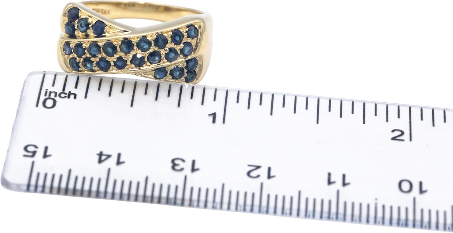 14k Yellow Gold 1.0CT Round Cut Blue Sapphire Crossover Ring Size 8