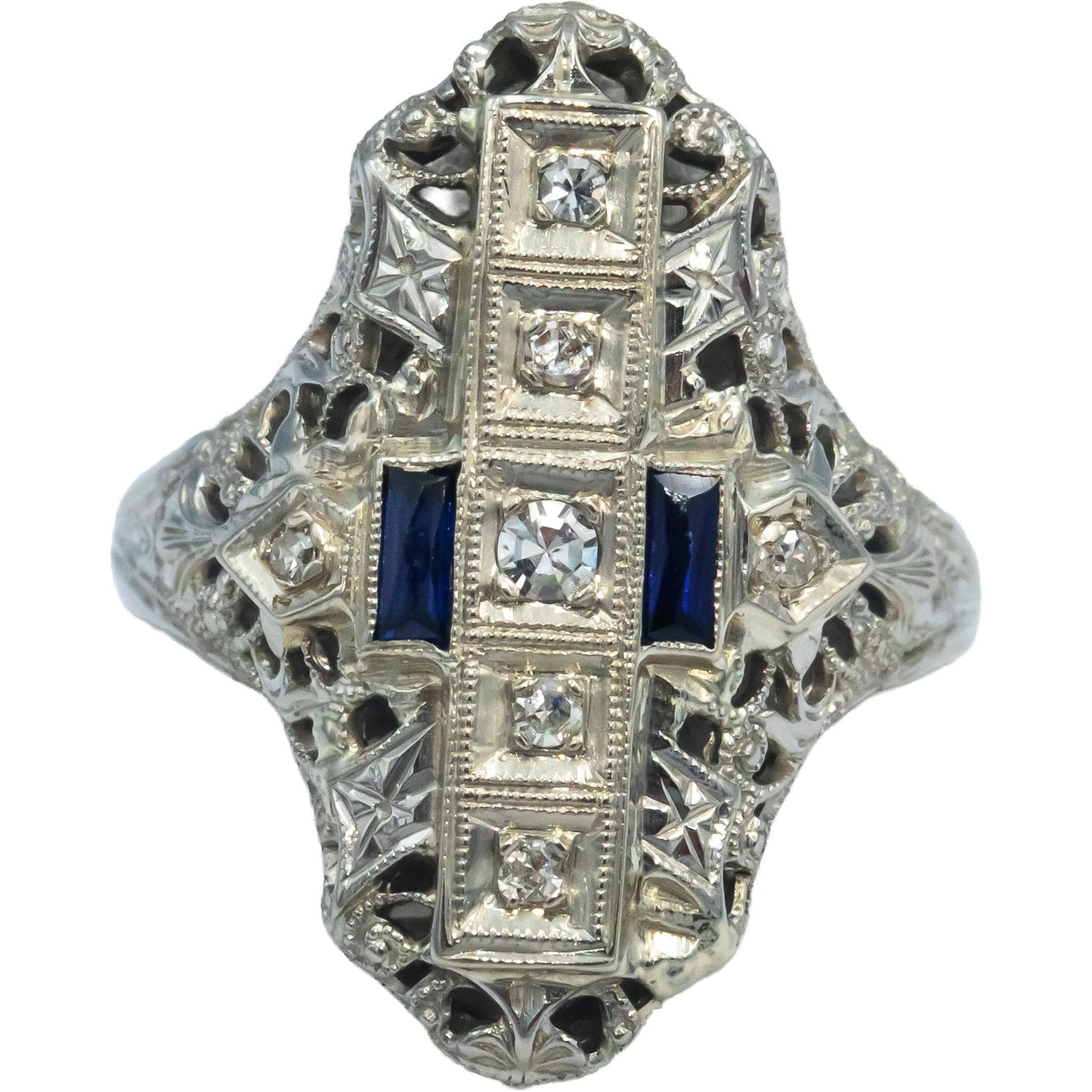Antique Vintage 14k White Gold Diamond & Synthetic Sapphire Filigree Ring 0.10CT