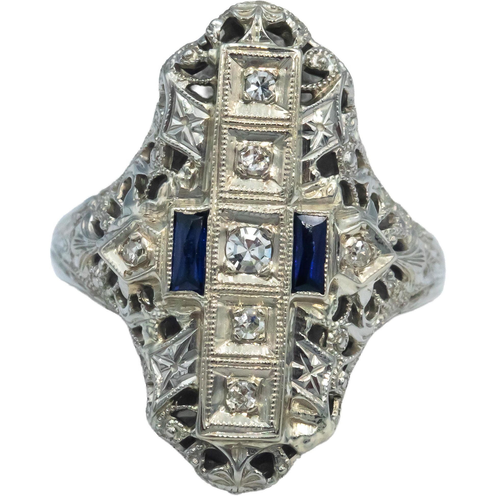 Antique Vintage 14k White Gold Diamond & Synthetic Sapphire Filigree Ring 0.10CT