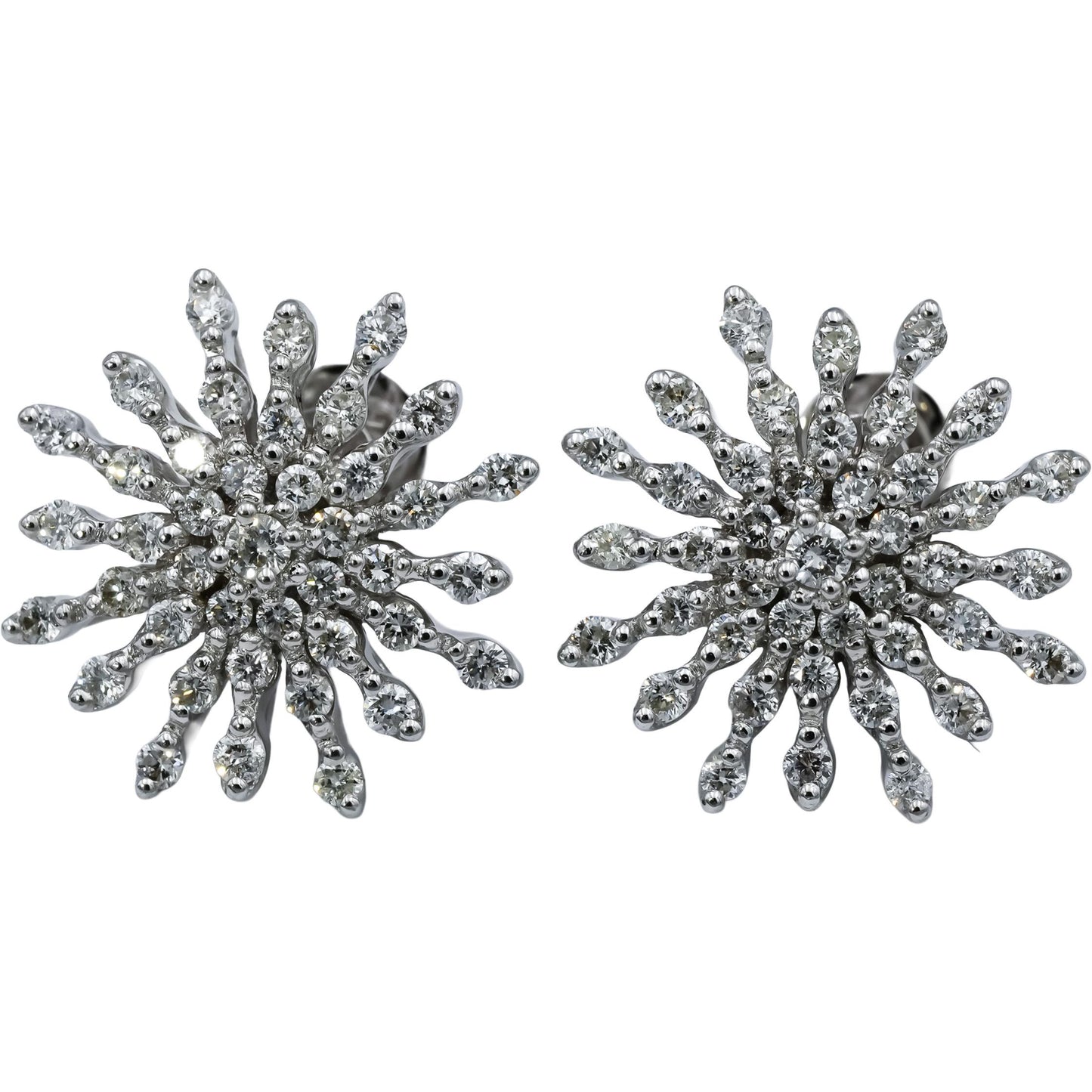 18k White Gold Round Diamond Cluster Snowflake Stud Earrings 1.50CT