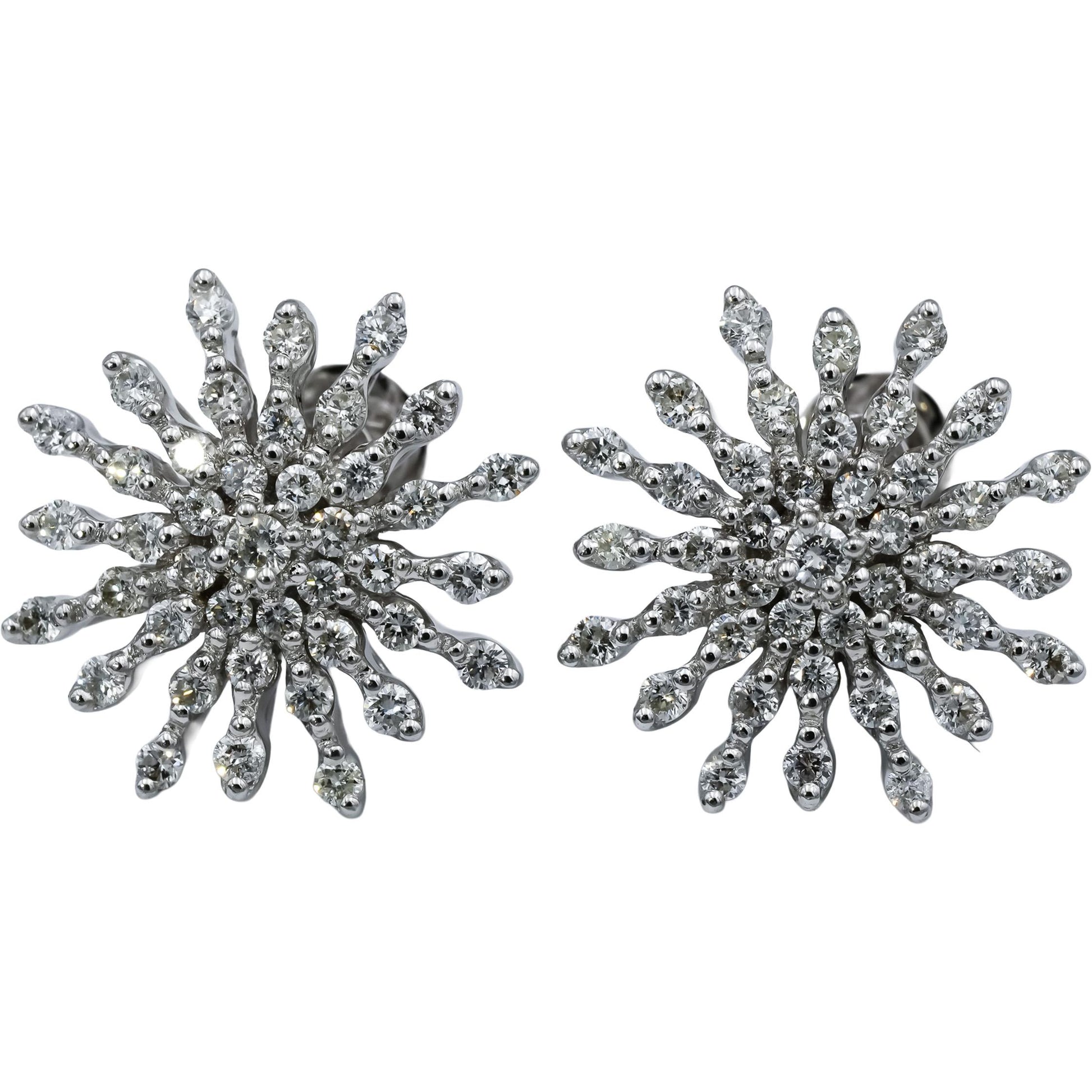 18k White Gold Round Diamond Cluster Snowflake Stud Earrings 1.50CT