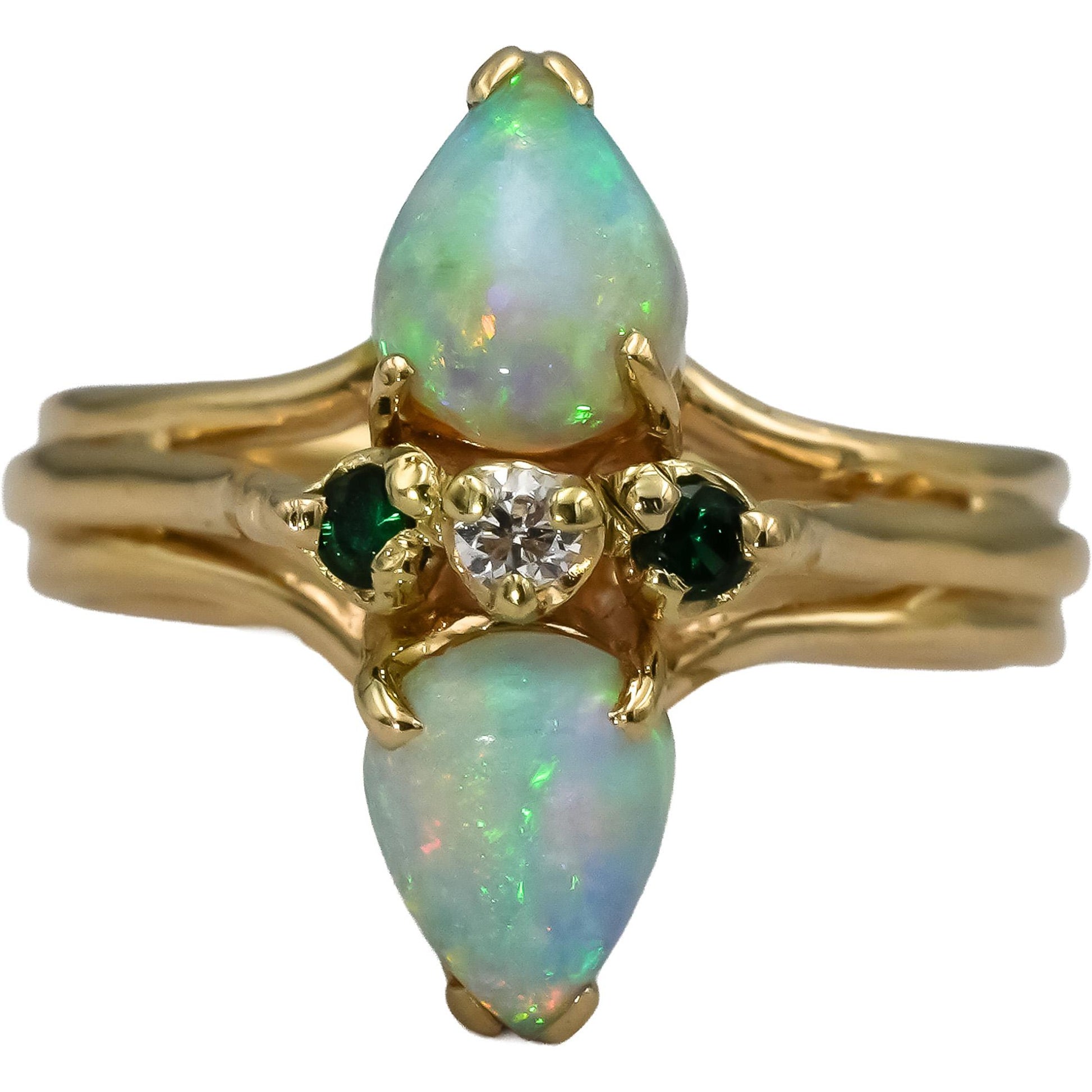 14k Yellow Gold Opal Diamond and Emerald Cocktail Ring Size 4.5