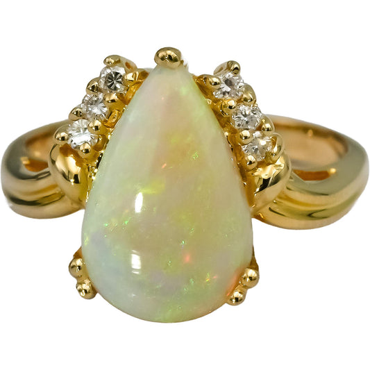 14k Yellow Gold Round Diamond Cabochon Opal Cocktail Ring 2.15CT Size 6.5