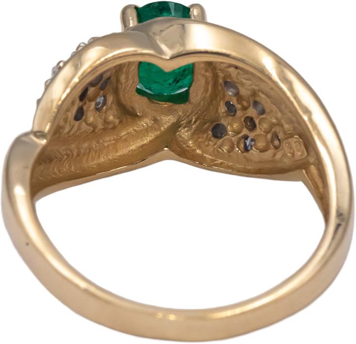 14k Yellow Gold Round Diamond Oval Emerald Cocktail Ring 0.70CT Size 7