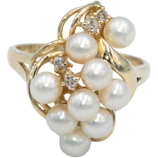 14k Yellow Gold Diamond and 4.5mm Pearl Cluster Cocktail Ring 0.05CT Size 6.5