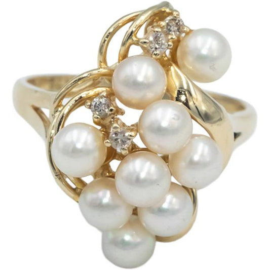 14k Yellow Gold Diamond and 4.5mm Pearl Cluster Cocktail Ring 0.05CT Size 6.5