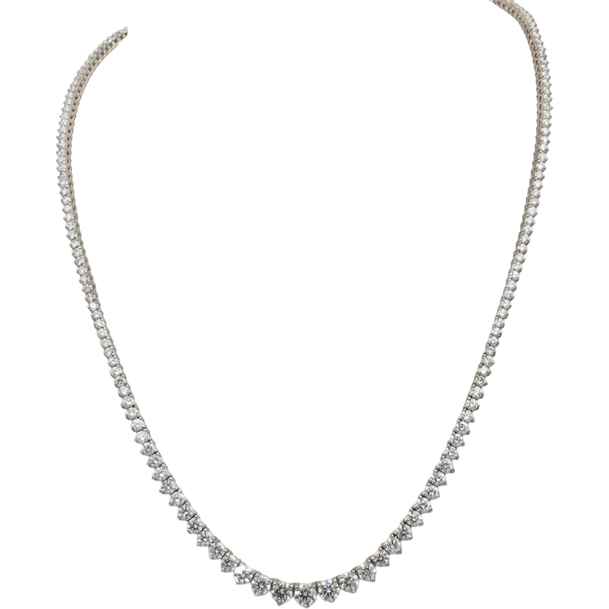 14k White Gold Round Diamond Three Prong Graduated Riviera Necklace 9.79CT