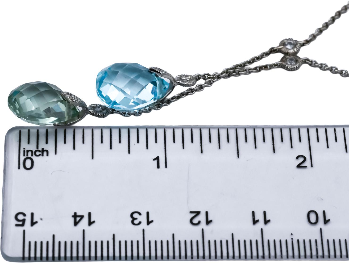 18k White Gold Blue & White Topaz Green Amethyst Tassel Necklace