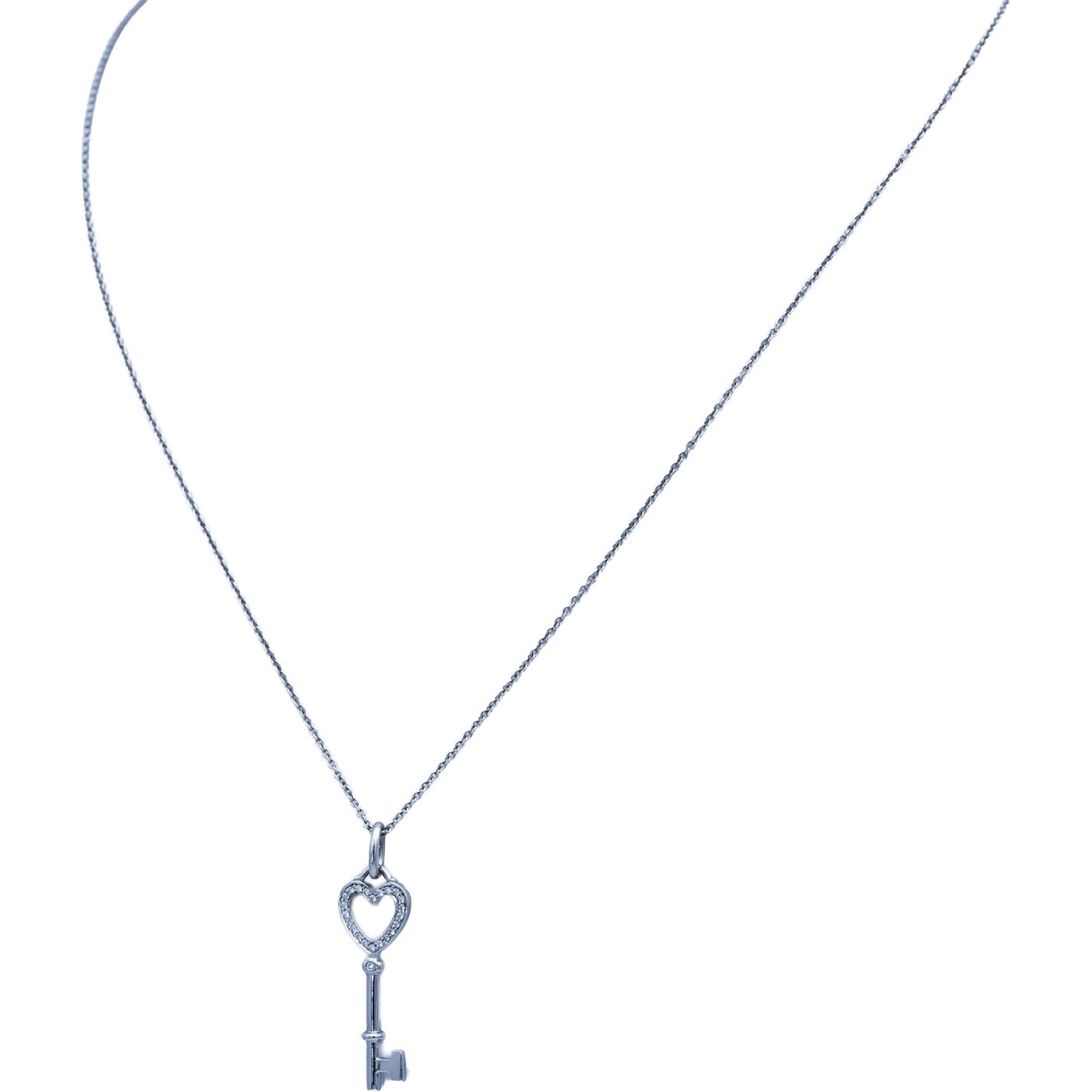 TIFFANY & CO. 18k White Gold VS Round Diamond Heart Key Pendant Necklace 0.12CT