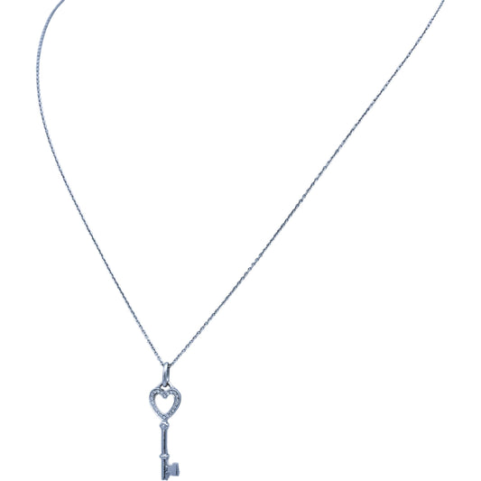 TIFFANY & CO. 18k White Gold VS Round Diamond Heart Key Pendant Necklace 0.12CT