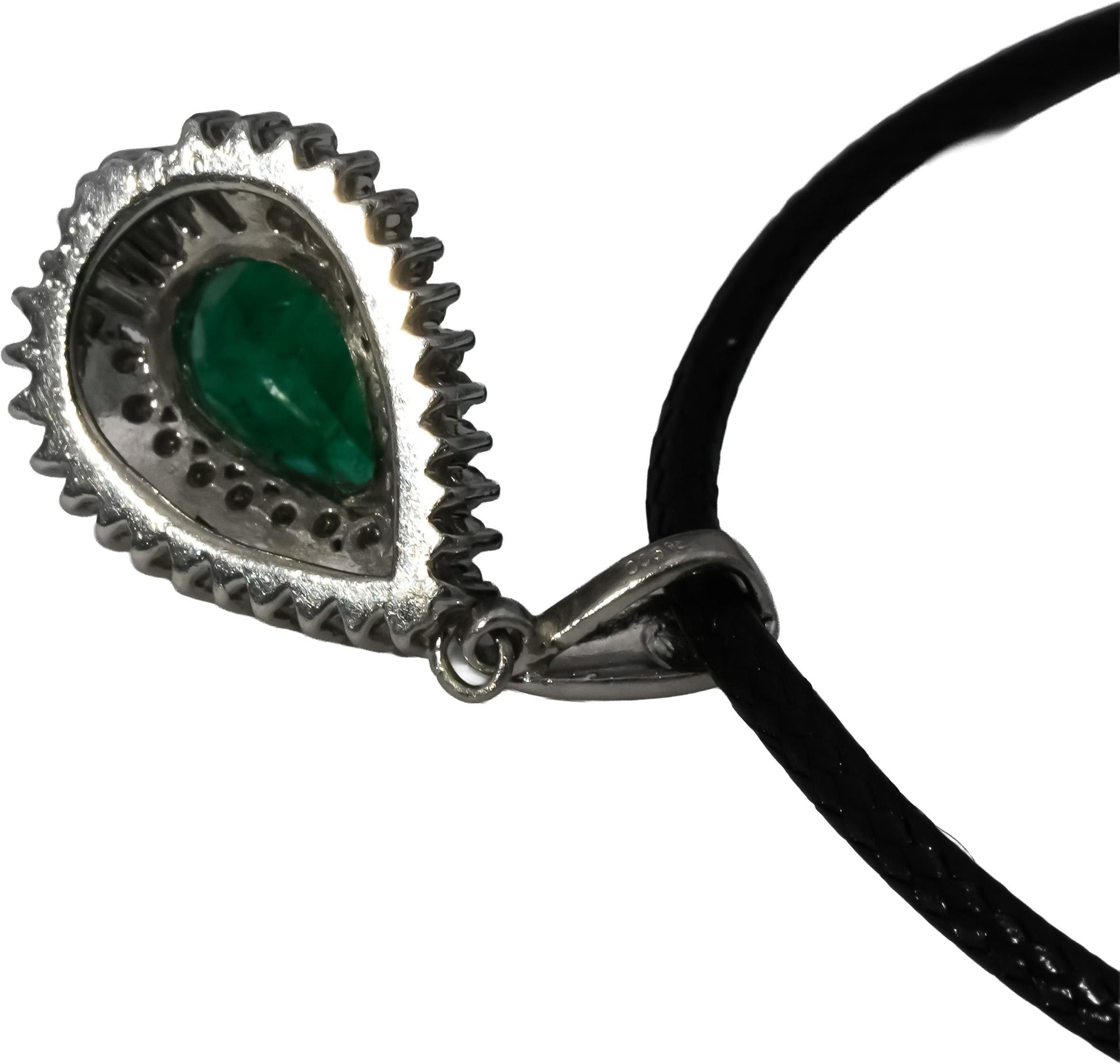 Platinum Pear Emerald & Round Baguette Diamond Pendant Necklace 1.54CT