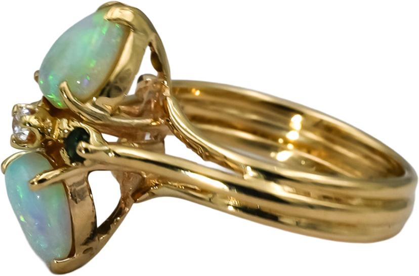 14k Yellow Gold Opal Diamond and Emerald Cocktail Ring Size 4.5