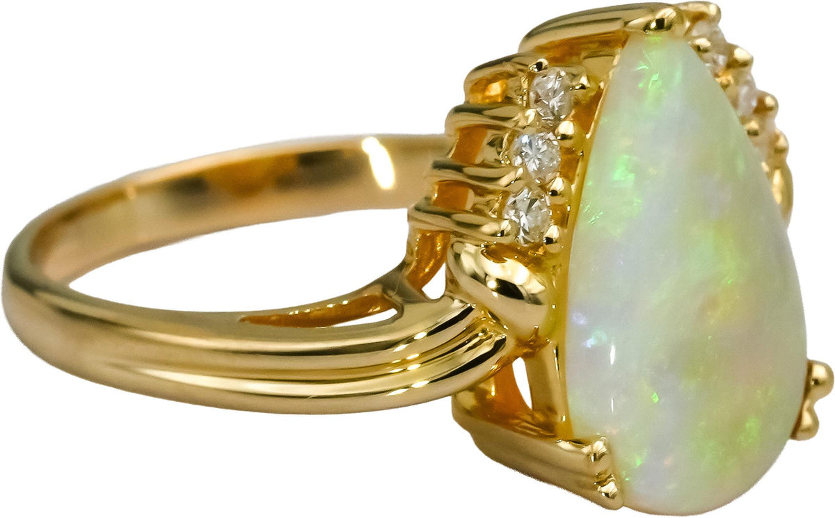 14k Yellow Gold Round Diamond Cabochon Opal Cocktail Ring 2.15CT Size 6.5