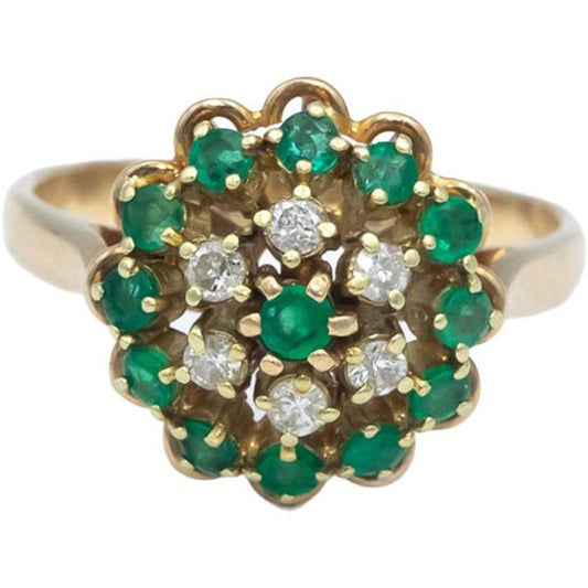 Emerald and VS Diamond 14k Yellow Gold Cluster Cocktail Ring 0.50CT Size 7.75