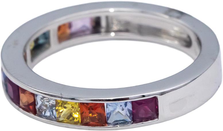 18k White Gold Square Channel Set Rainbow Sapphire Band Ring 1.68CT Size 7.5