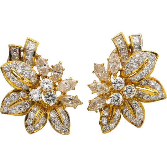 18k Yellow Gold VS Round Marquise Baguette Diamond Floral Earrings 3.0CT