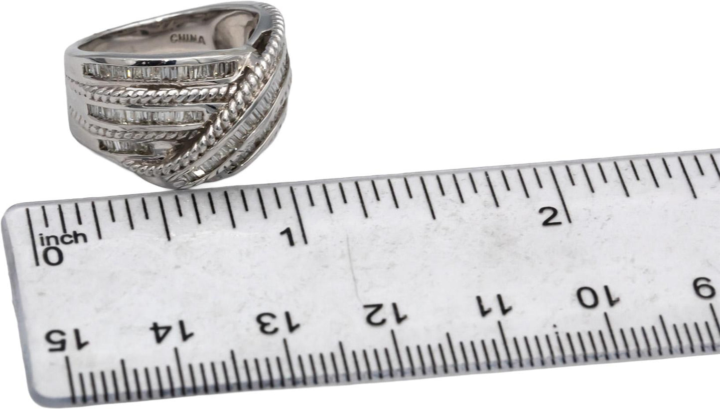 14k White Gold Round and Baguette Cut Diamond Crossover Ring 0.50CT Size 7