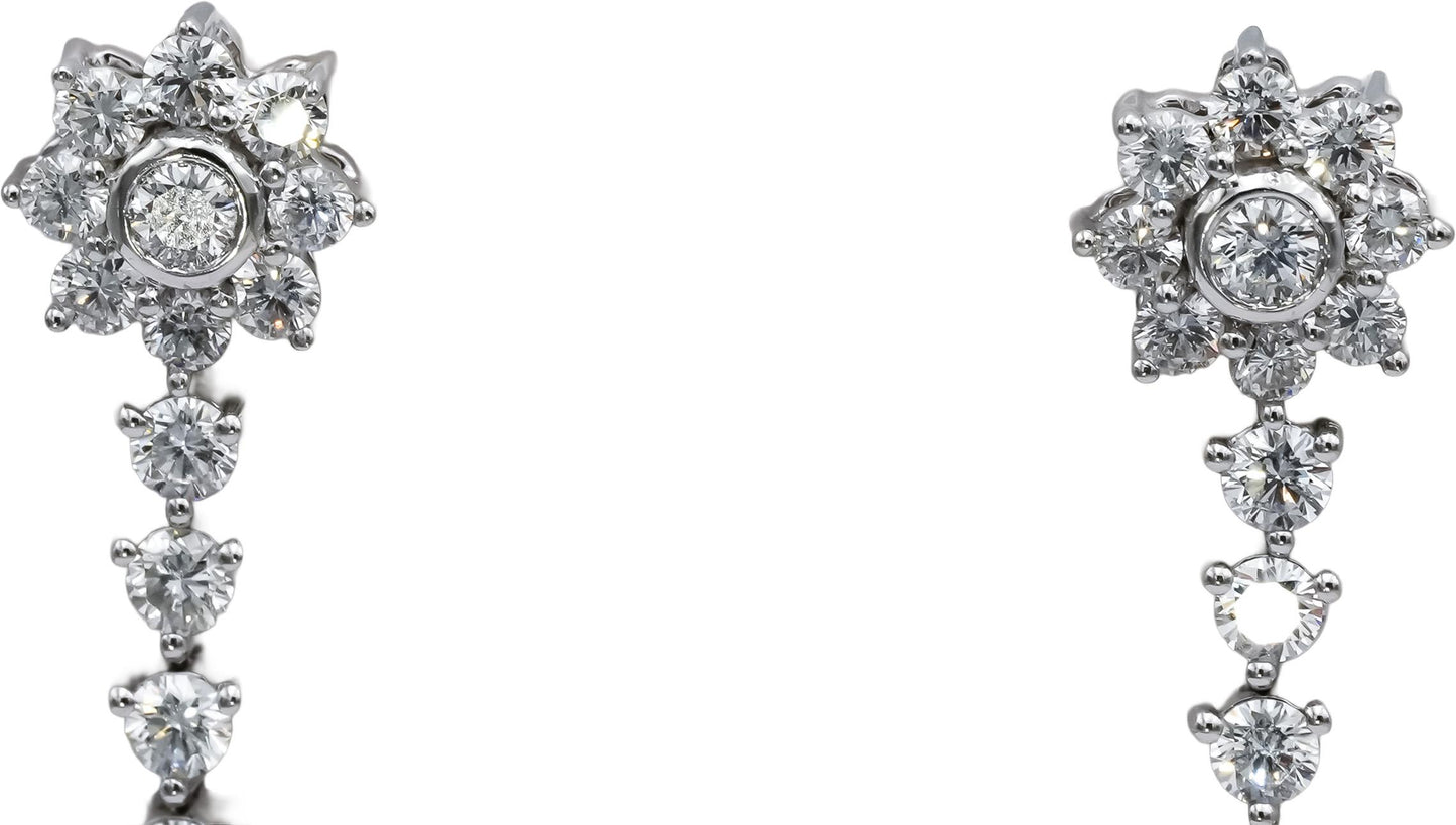 14k White Gold Round Diamond Flower Drop Dangle Screw Back Earrings 3.11CT