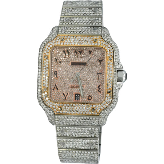 CARTIER Stainless Steel Santos Iced Out Diamond Arabic Dial Watch 15.0CT