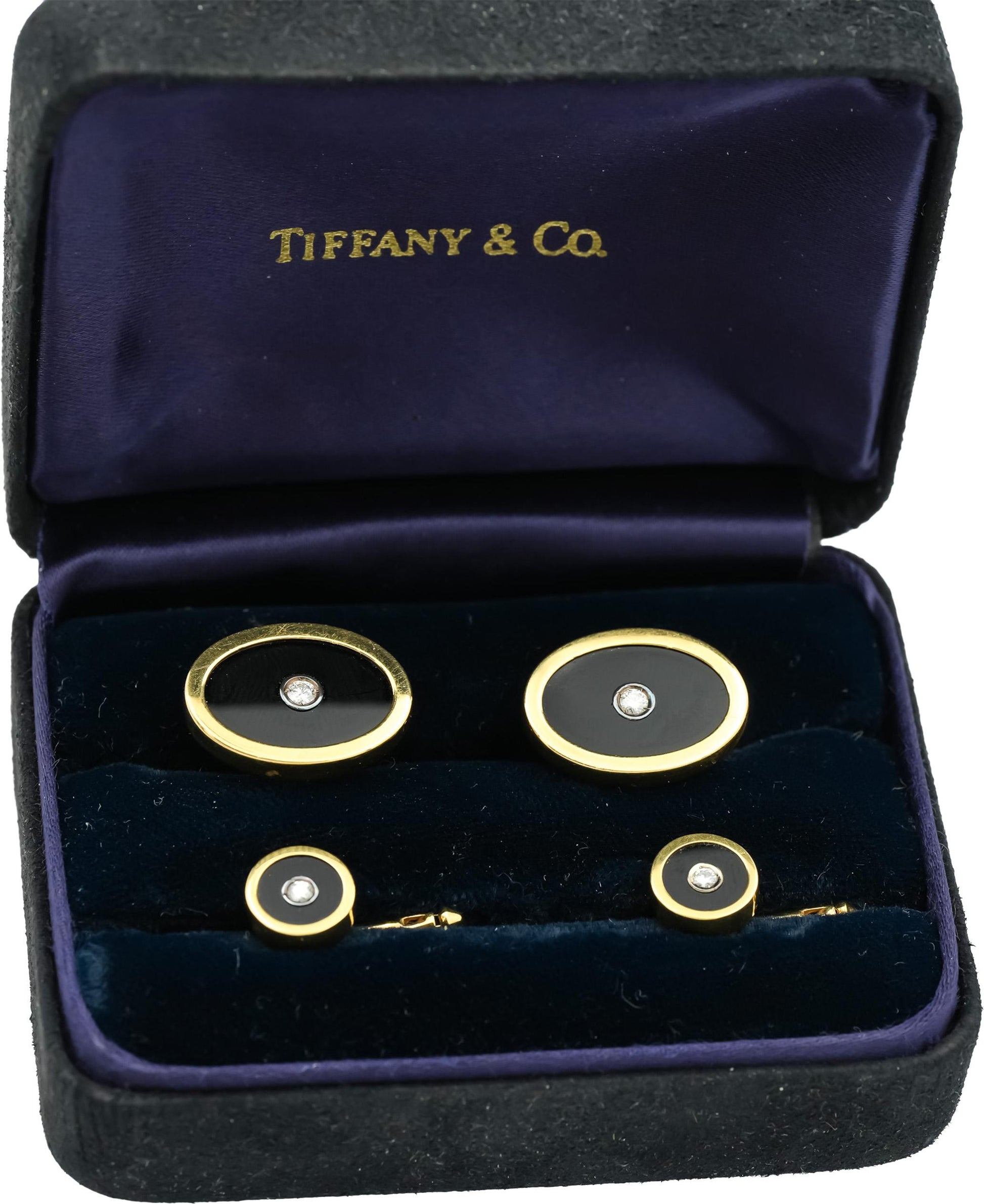 TIFFANY & CO. 18k Yellow Gold VS Diamond and Onyx Cufflinks and Stud Set 0.16CT