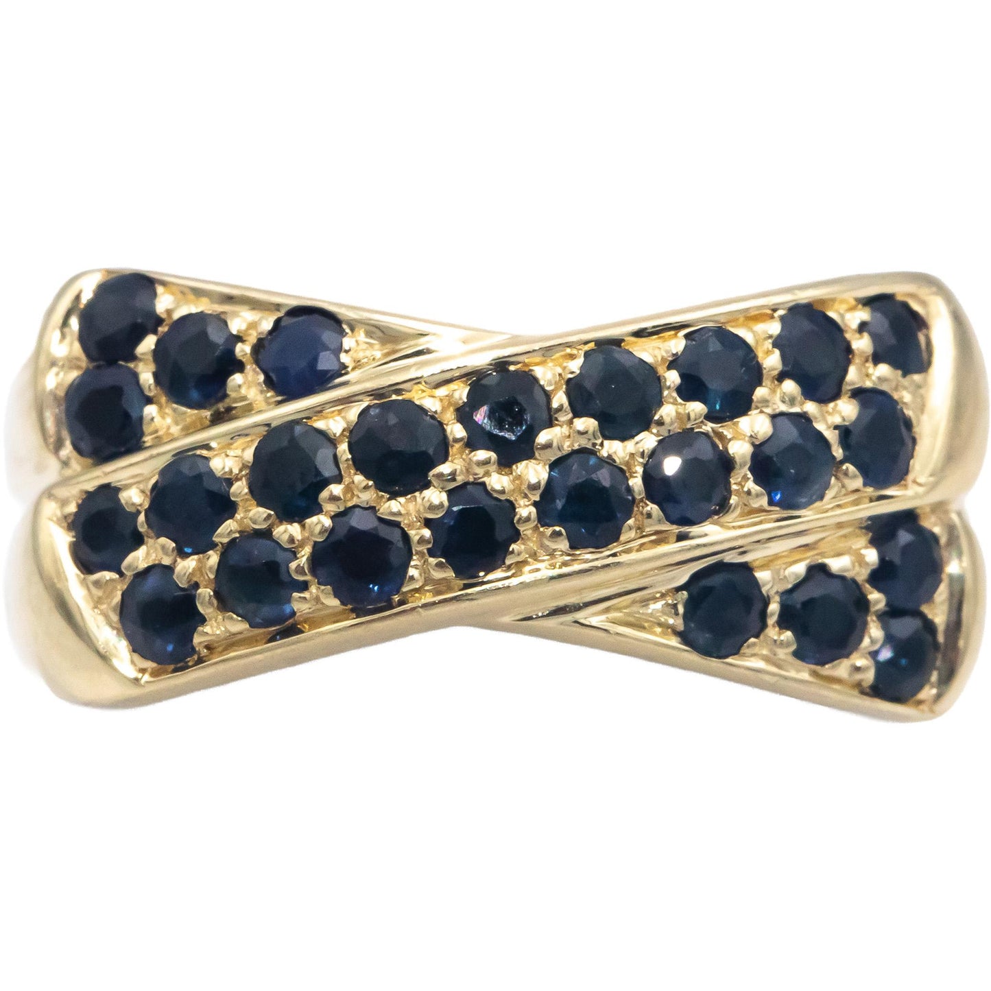 14k Yellow Gold 1.0CT Round Cut Blue Sapphire Crossover Ring Size 8