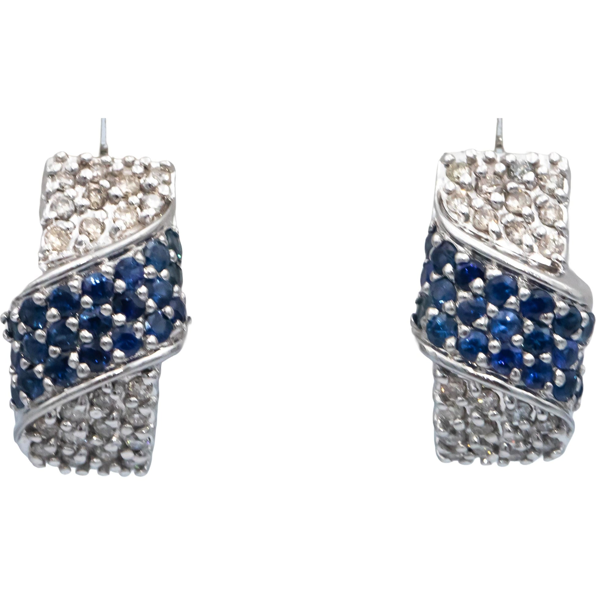 14k White Gold 1.40CT Diamond and Blue Sapphire Cluster Curved Earrings