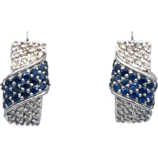 14k White Gold 1.40CT Diamond and Blue Sapphire Cluster Curved Earrings