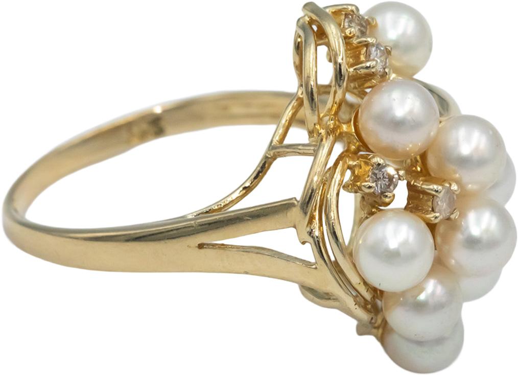 14k Yellow Gold Diamond and 4.5mm Pearl Cluster Cocktail Ring 0.05CT Size 6.5