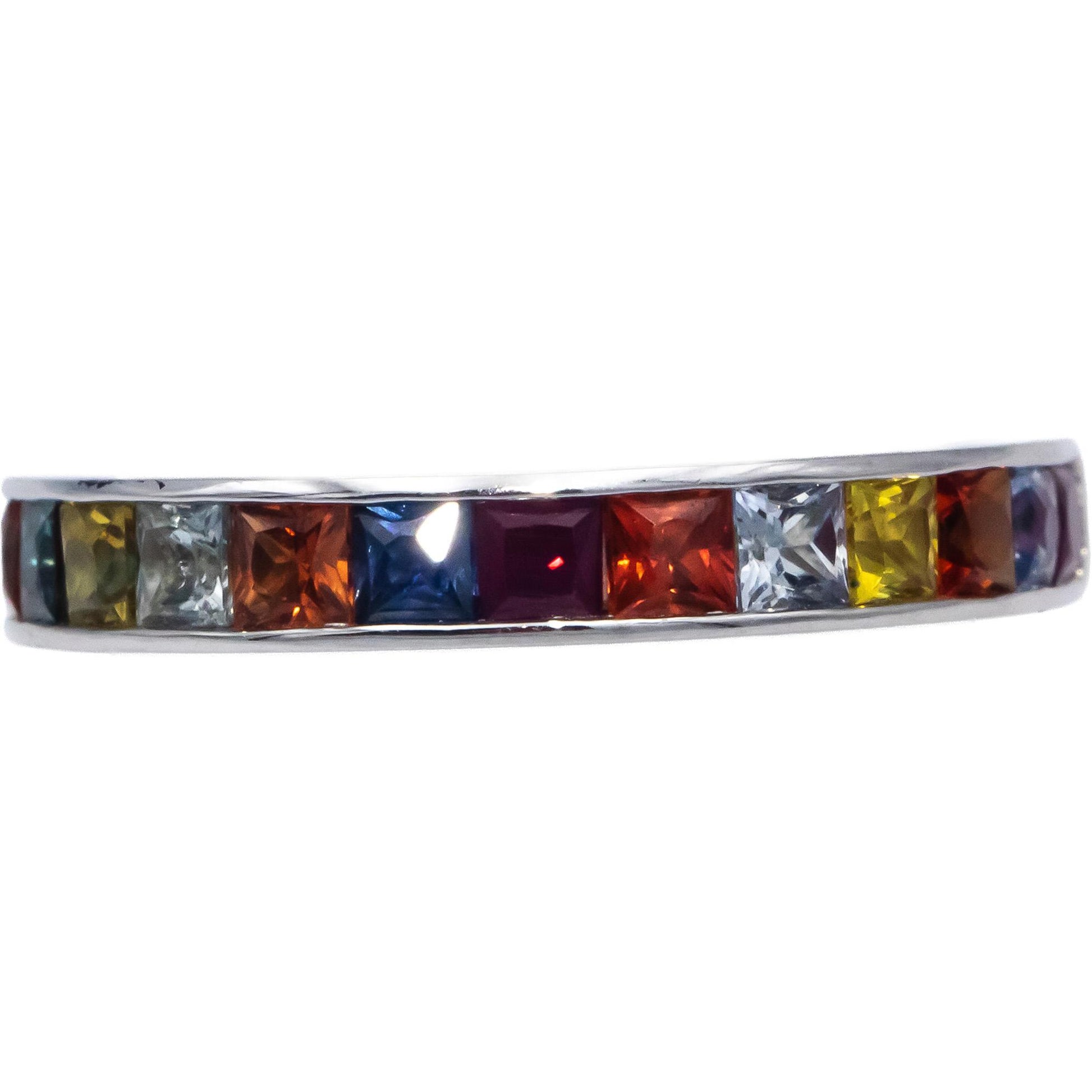 18k White Gold Square Channel Set Rainbow Sapphire Band Ring 1.68CT Size 7.5