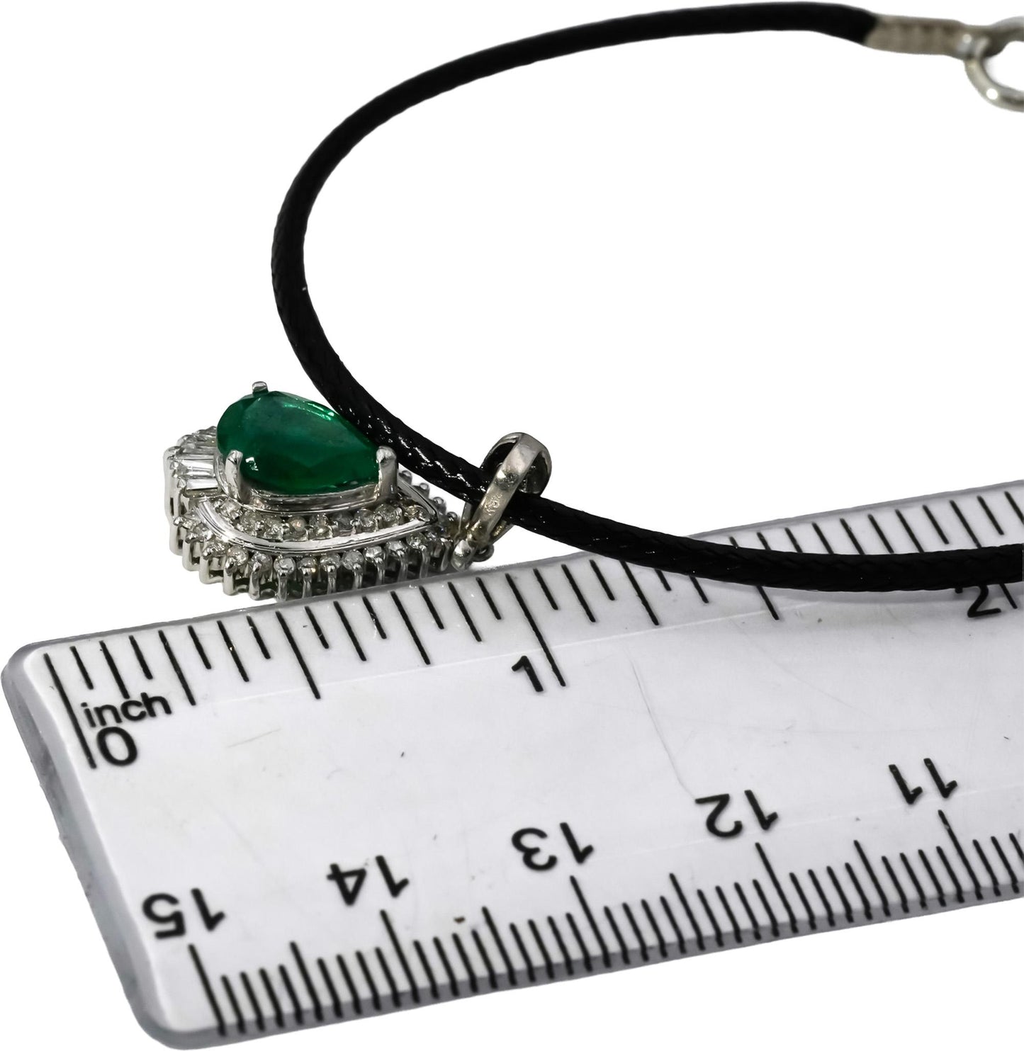 Platinum Pear Emerald & Round Baguette Diamond Pendant Necklace 1.54CT