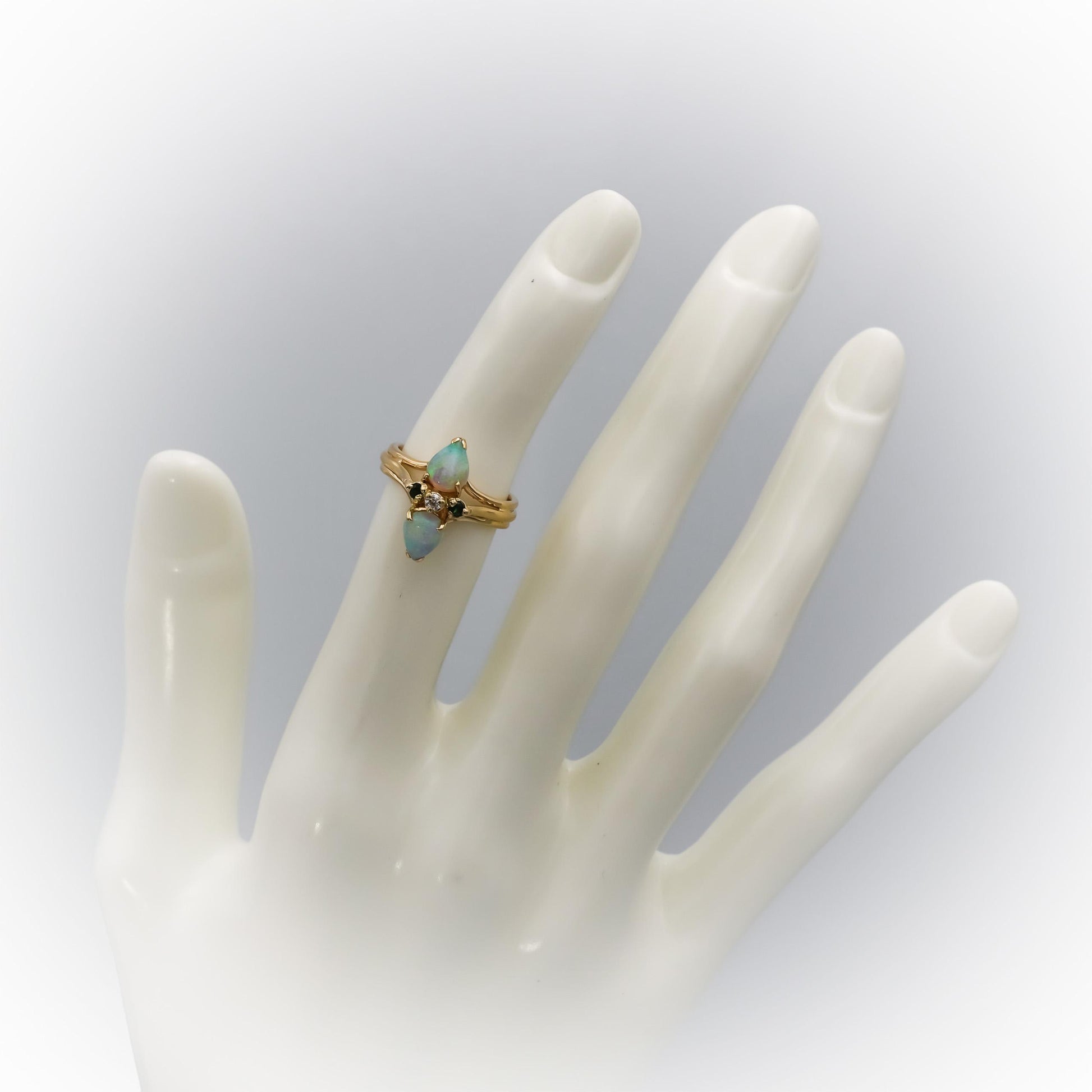 14k Yellow Gold Opal Diamond and Emerald Cocktail Ring Size 4.5