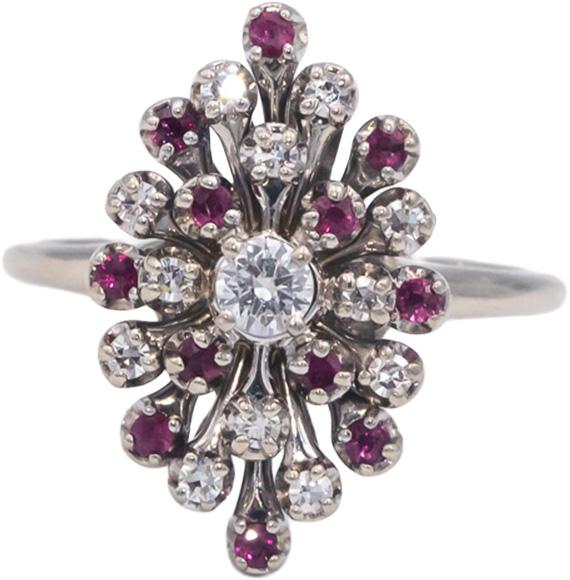 Antique Vintage 14k White Gold 0.55CT Diamond and Ruby Cocktail Ring Size 7