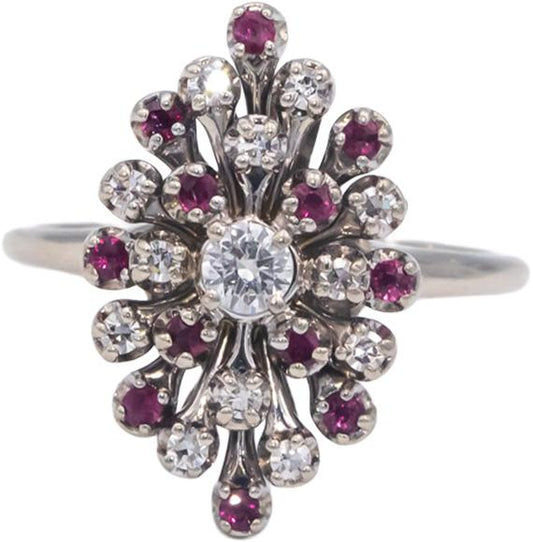 Antique Vintage 14k White Gold 0.55CT Diamond and Ruby Cocktail Ring Size 7