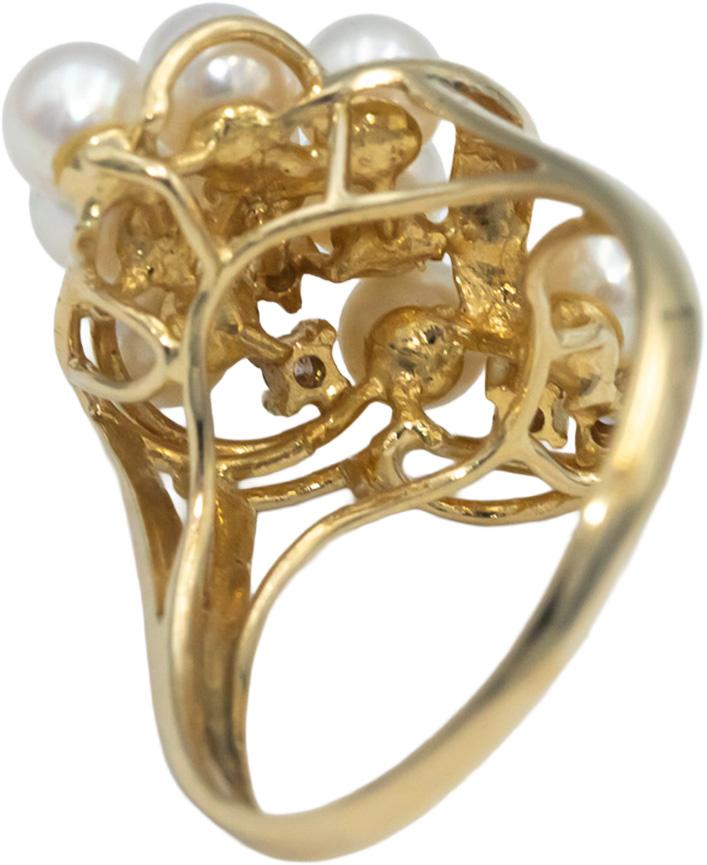 14k Yellow Gold Diamond and 4.5mm Pearl Cluster Cocktail Ring 0.05CT Size 6.5