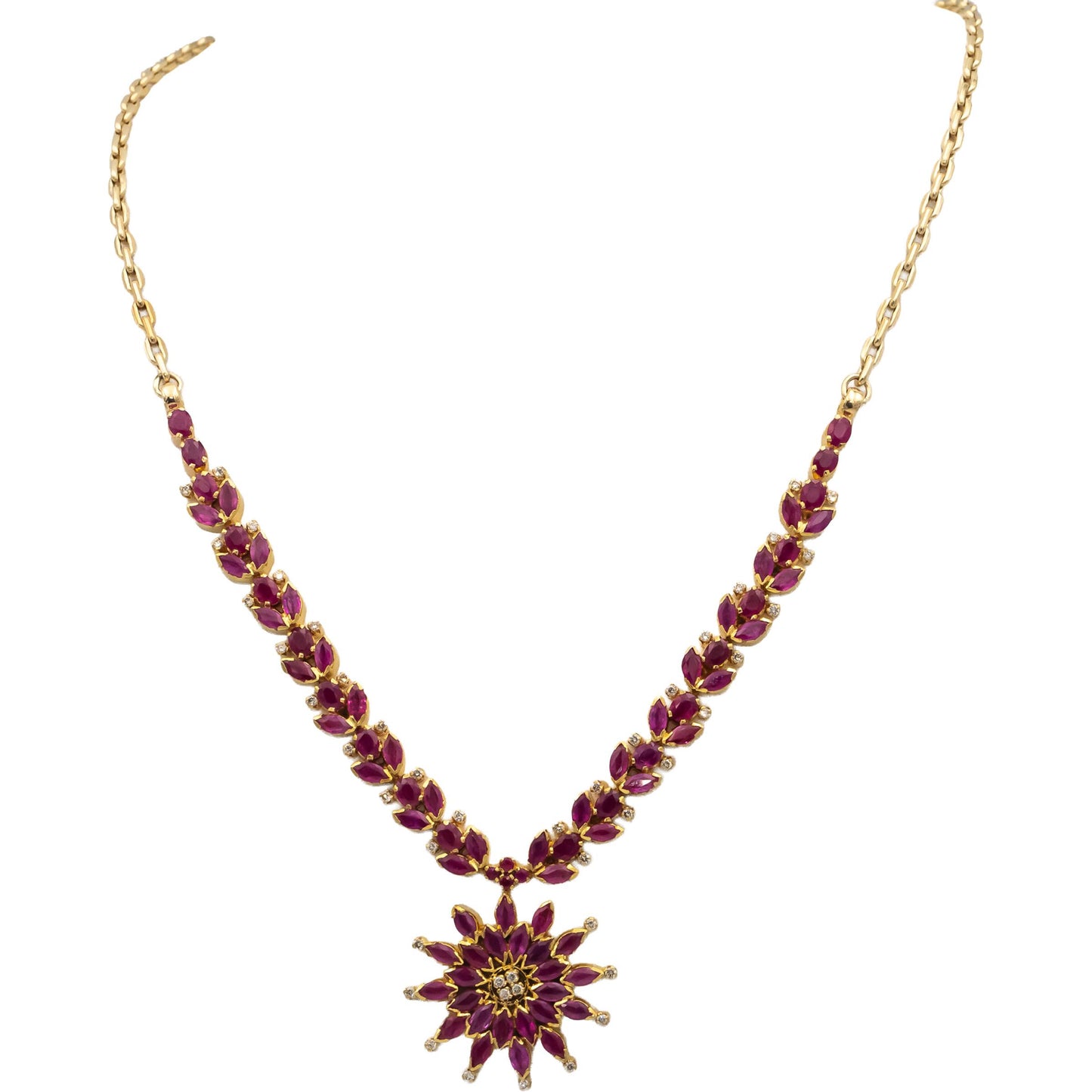18k & 14k Yellow Gold Ruby and Diamond Floral Formal Necklace 12.60CTW