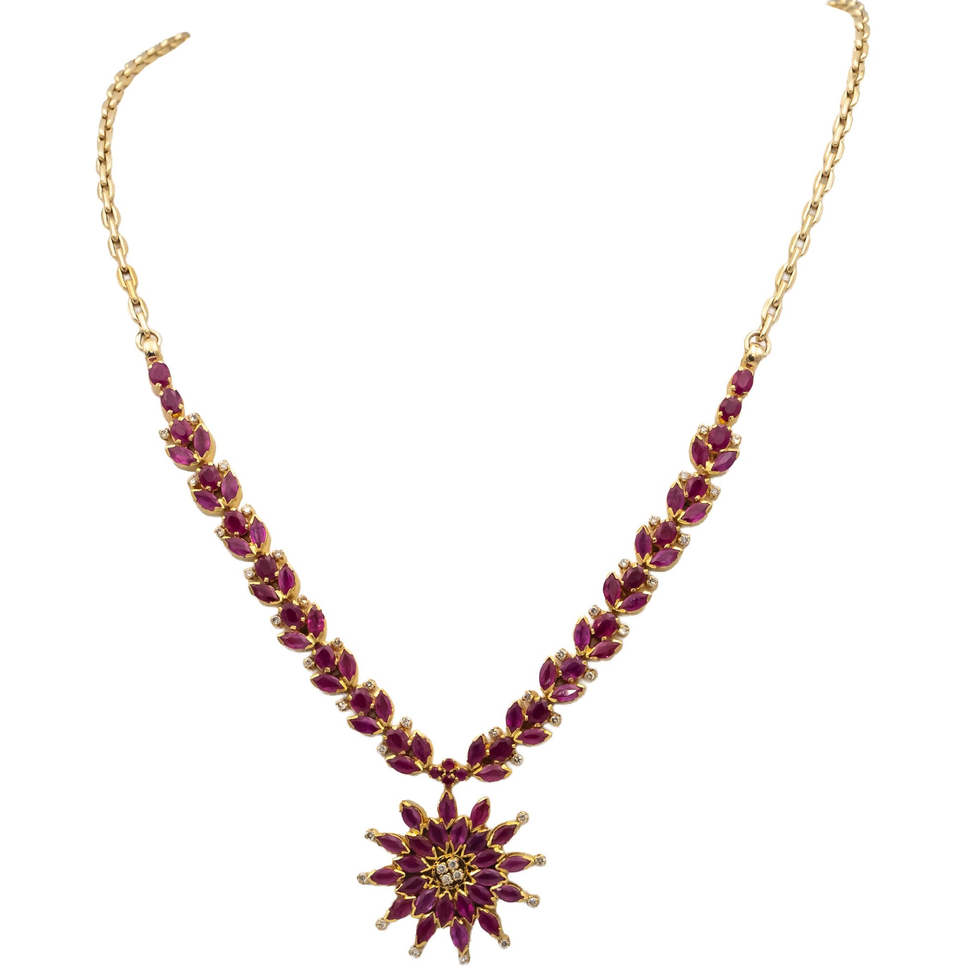 18k & 14k Yellow Gold Ruby and Diamond Floral Formal Necklace 12.60CTW