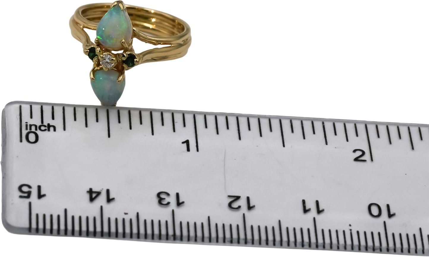 14k Yellow Gold Opal Diamond and Emerald Cocktail Ring Size 4.5