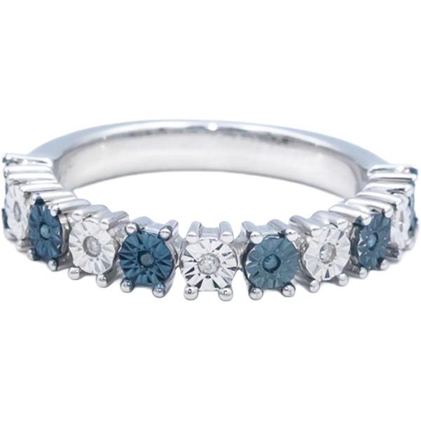 14k White Gold 0.05CT White and Blue Diamond Illusion Setting Band Ring Size 6
