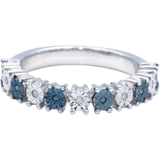 14k White Gold 0.05CT White and Blue Diamond Illusion Setting Band Ring Size 6