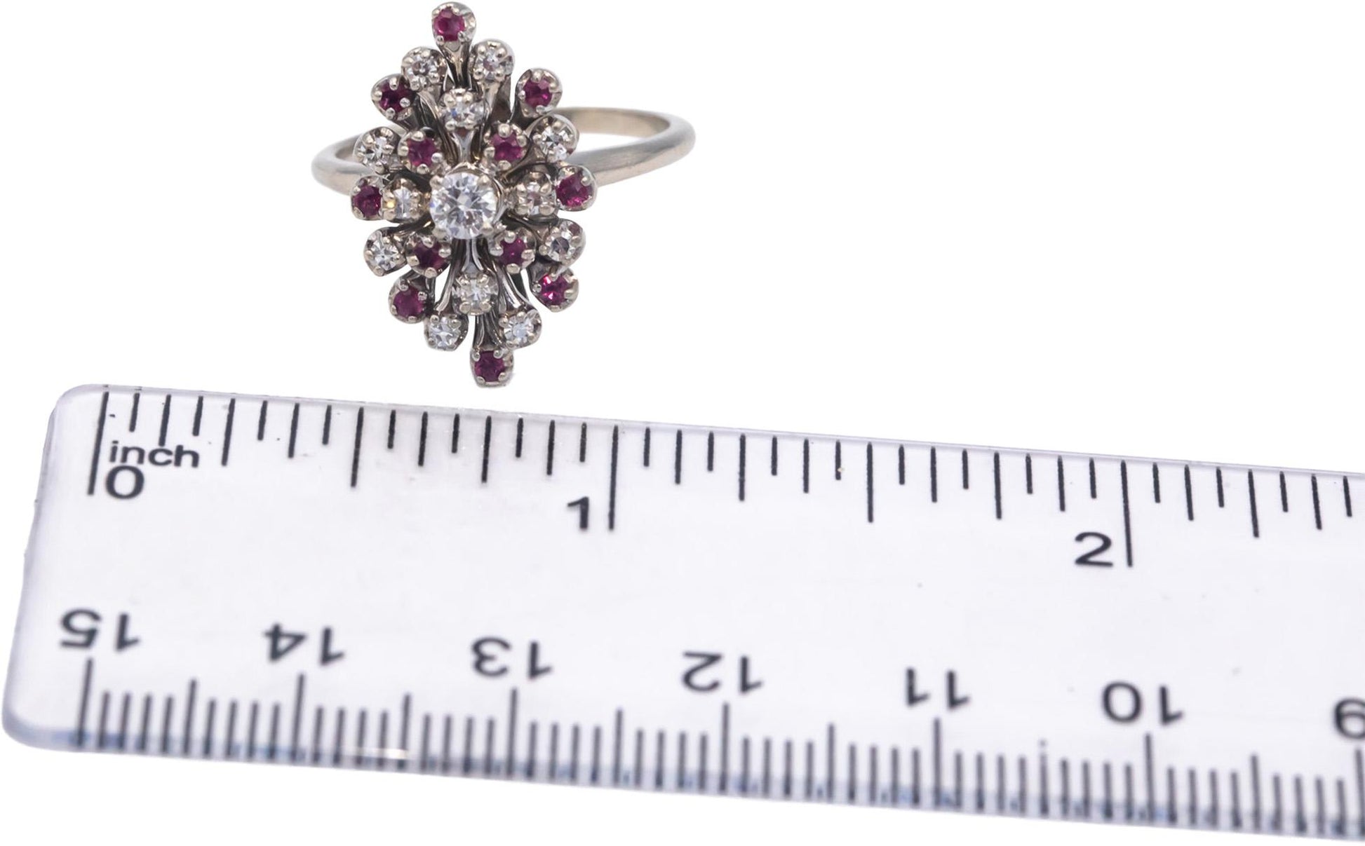 Antique Vintage 14k White Gold 0.55CT Diamond and Ruby Cocktail Ring Size 7
