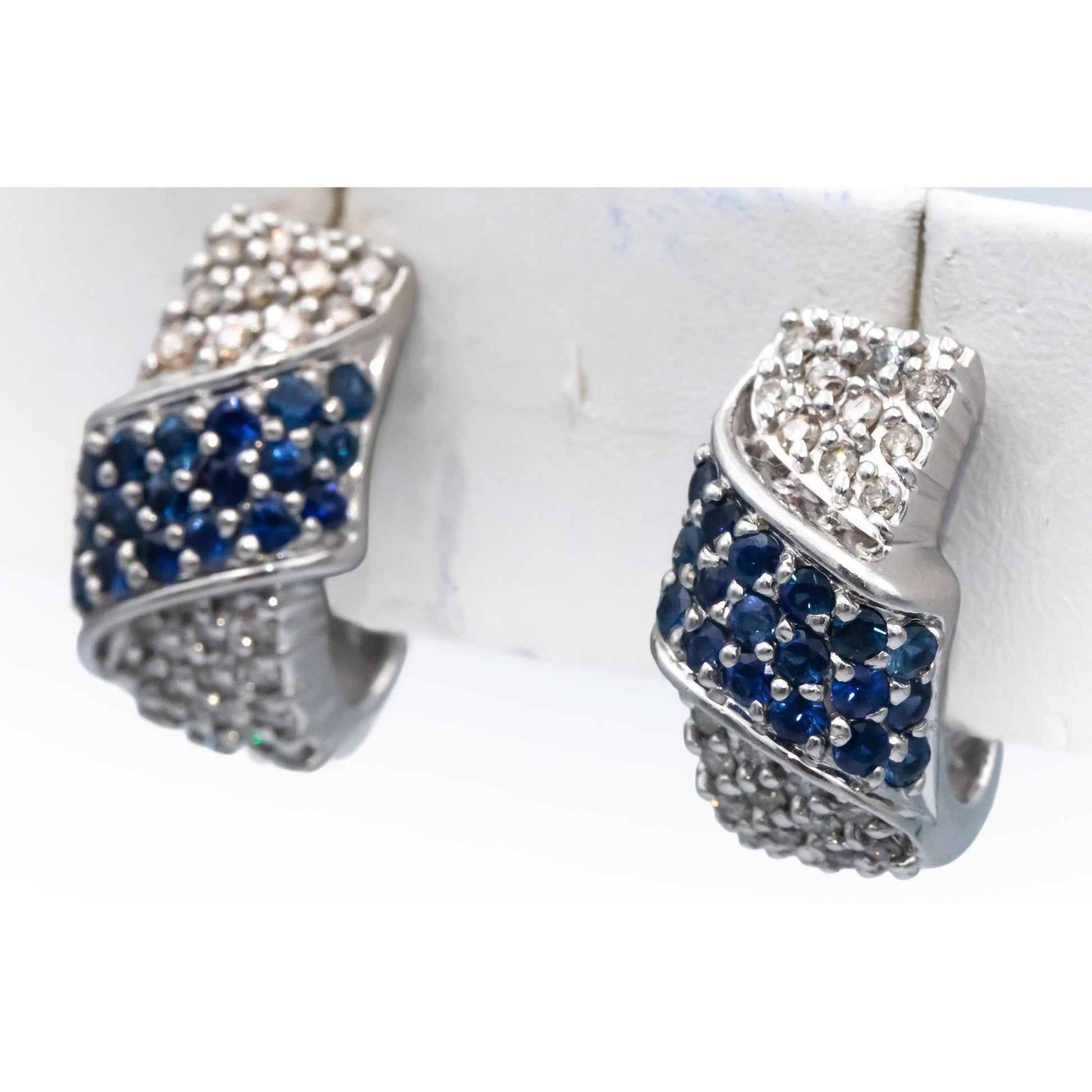 14k White Gold 1.40CT Diamond and Blue Sapphire Cluster Curved Earrings