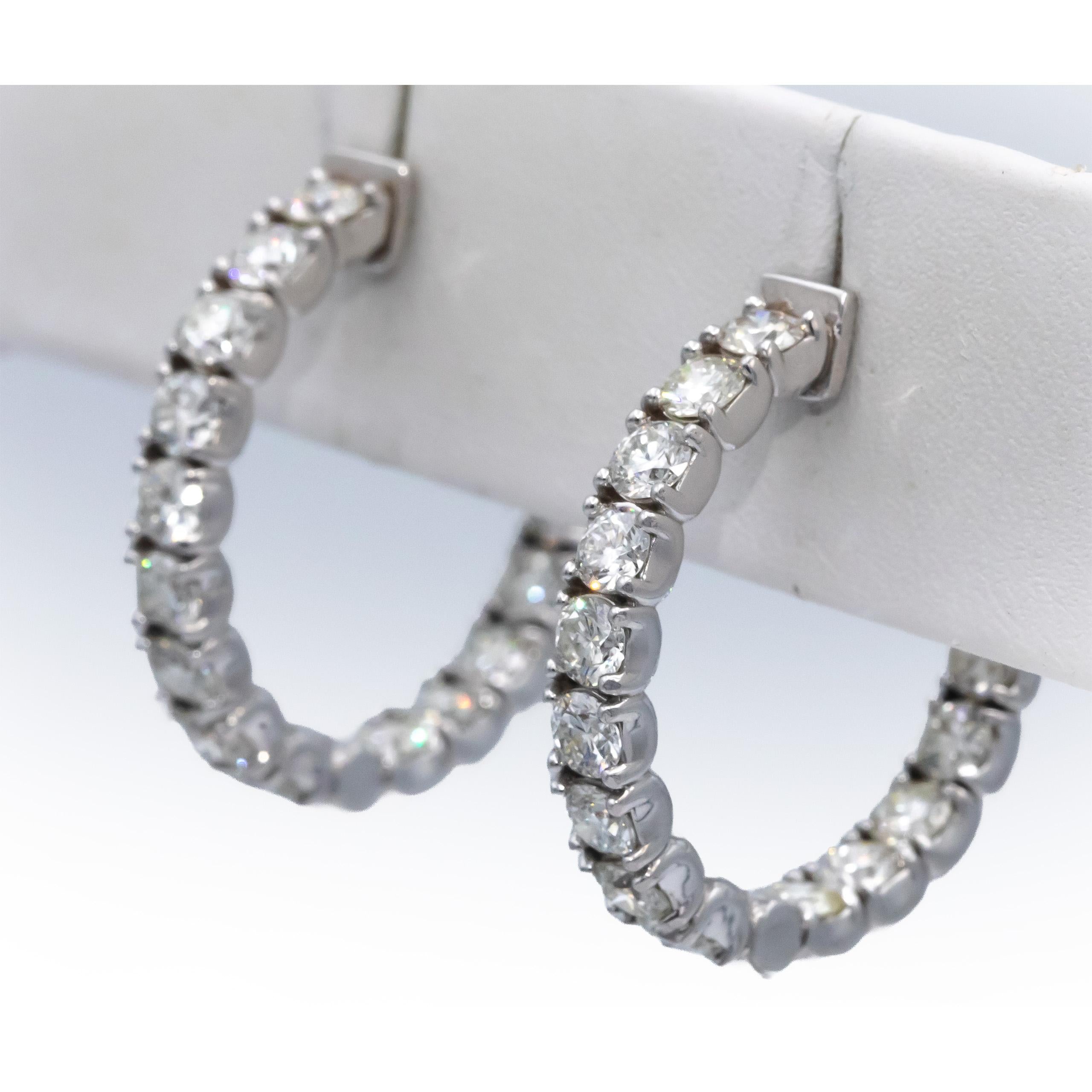 14k White Gold VS Round Diamond Inside Out Hoop Earrings 4.49CT