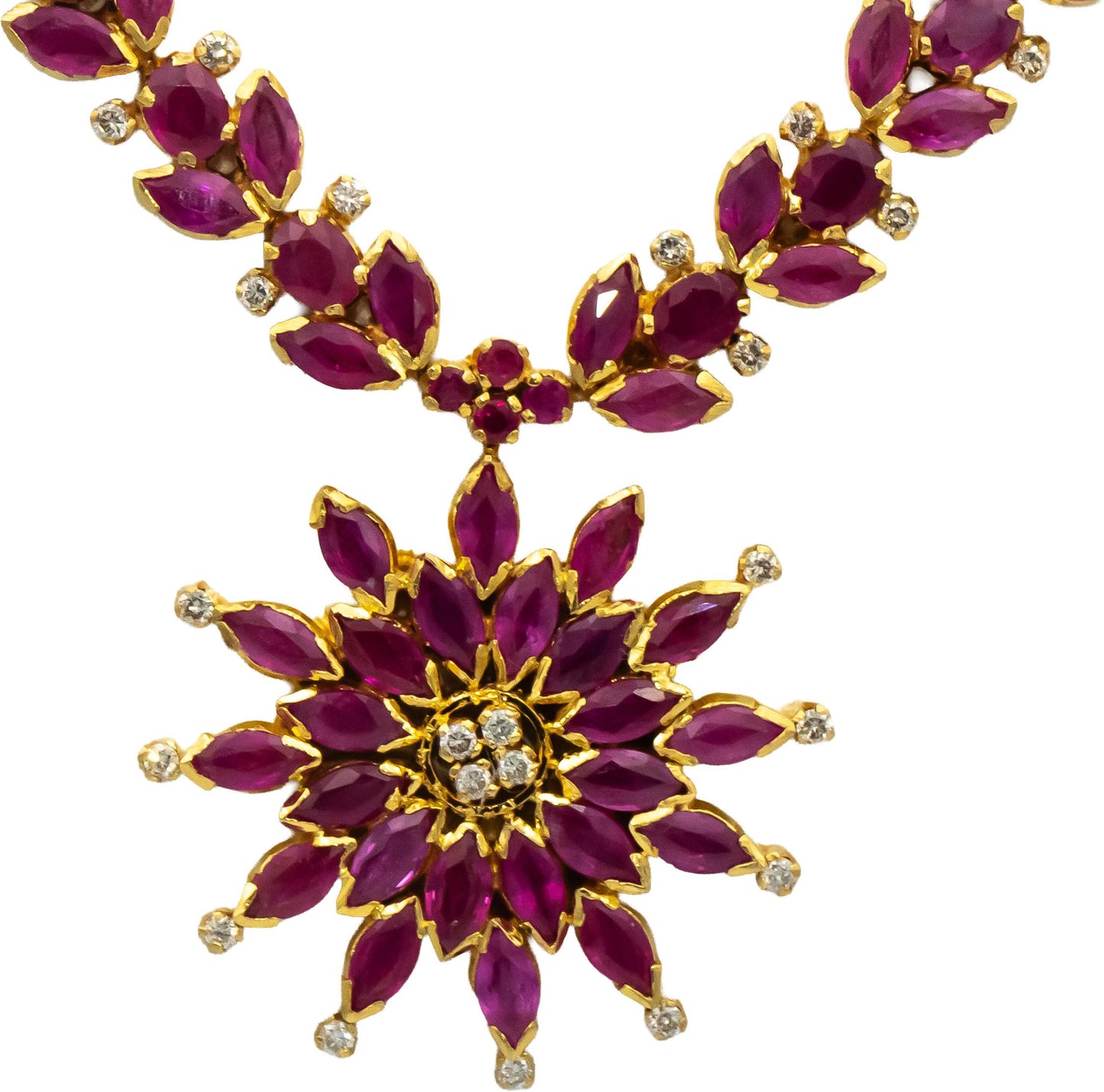 18k & 14k Yellow Gold Ruby and Diamond Floral Formal Necklace 12.60CTW